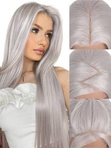 lot 14351 image: FAVE Synthetic Lace Front Wig 13x4 Long Straight Silver