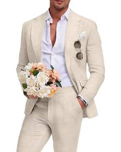 lot 14409 image: Aowdoy Mens 2 Piece Beige Linen Suit Slim Fit XL