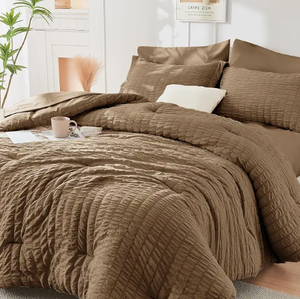 lot 1298 image: Brown Bedding Set Lot with Striped Textured Duvet Cover and Flat Sheet Pieces
