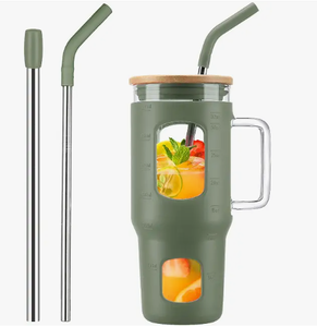 lot 2052 image: Glass Mug Tumbler w Green Silicone Sleeve, Bamboo Lid & Time Markings