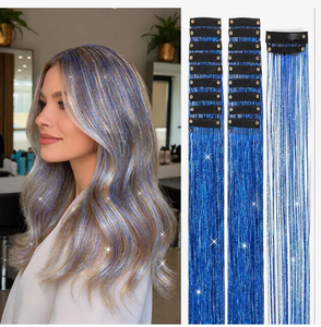 lot 2053 image: Blue Colored Hair Extensions Clip-In Set with Glitter Jar in Sealed Bag