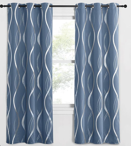 lot 17616 image: Blue Grommet Curtain Panel with Silver Foil Wave Pattern 2 Pack