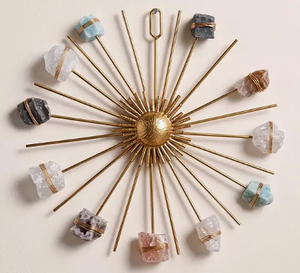lot 18465 image: Gold-Tone Sunburst Crystal Stone Wall Decor with Wire-Wrapped Raw Stones