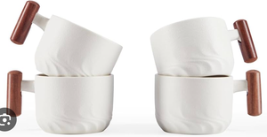 lot 18478 image: Set of 4 Cream White Ceramic Mugs with Wooden Cylinder Handles