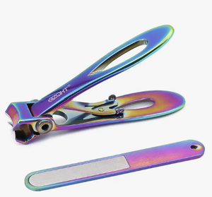lot 18483 image: Iridescent Rainbow Finish Nail Clipper and Nail File Set with Drawstring Pouch