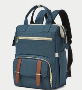 lot 2950 image: Blue Backpack w Brown Faux Leather Straps, Gold-Tone Zippers & Cream Trim