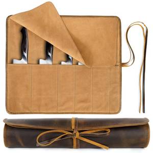 lot 1382 image: ELIZO Full Grain Leather Chef Knife Roll Bag 6 Slot