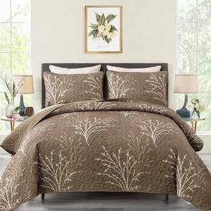 lot 1394 image: DJY Brown Botanical Quilt Set Queen Size Bedspread Coverlet