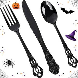lot 1452 image: Joyido Black Plastic Disposable Silverware Set, 150 Pieces