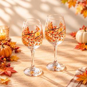 lot 1468 image: SiliFine Autumn Leaves Tree Stemmed Wine Glasses Set of 2