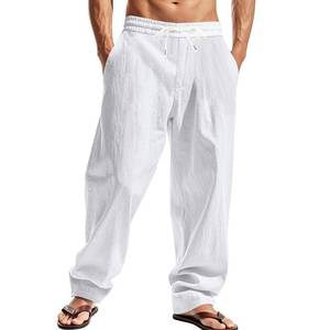 lot 2112 image: TAFLE Mens Linen Pants 95% Linen Elastic Waist Drawstring White, Size XL