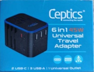 lot 2119 image: Ceptics 6-in-1 45W Universal Travel Adapter 2 USB-C 3 USB-A 1 Outlet