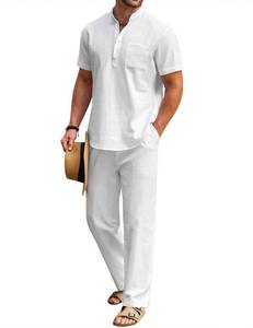 lot 2141 image: COOFANDY Mens 2 Piece Cotton Linen Henley Shirt and Pants Set Short Sleeve