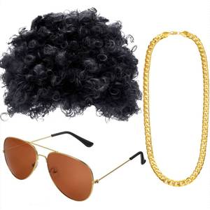 lot 2148 image: Gejoy Mens Disco Costume Set 70s Afro Wig Glasses Chain Black