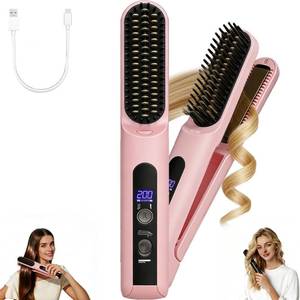 lot 2177 image: Cordless Hair Straightener Brush 2 in 1 Curler 4 Heat Settings