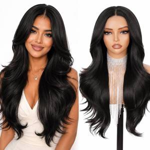 lot 6212 image: AllureLocks Lace Front Wig 13x4 Black 24 Inch Layered Wavy Heat Resistant