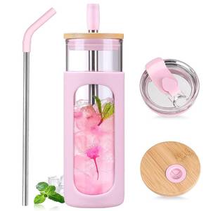 lot 6221 image: Kodrine 24oz Glass Tumbler with Bamboo Lid, On-the-Go Lid & Straws, Pink