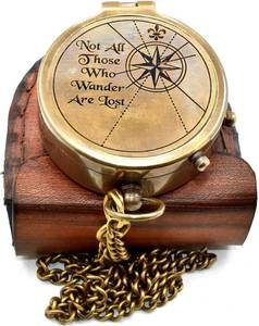 lot 6249 image: Alista Antique Engraved Solid Brass Pocket Compass with Leather Case and Chain