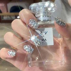 lot 6280 image: OSTTMA Short Press On Nails 24 Pieces Rhinestone Acrylic Fake Nails Silver