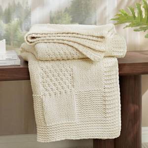 lot 7780 image: Home Checkered Chenille Knit Throw Blanket Ivory 50x60