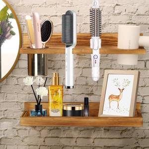 lot 7802 image: MRPAPA Wall Mount Hair Tool Organizer 2 Tier Wooden Blow Dryer Holder