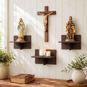 lot 7826 image: Junkin 3 Piece Christian Wall Shrine Set Floating Altar Shelf Pine Wood