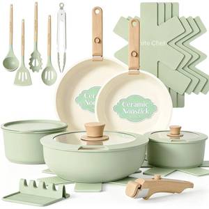 lot 7851 image: Umite Chef 21 Pc Ceramic Nonstick Pots and Pans Set, Sage Green