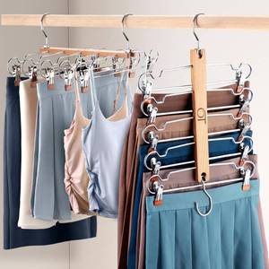 lot 7864 image: Outink Skirt Hangers 2 Pack Beechwood 5 Tier Pants Hangers with Clips