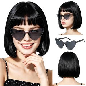 lot 8050 image: Lavwix Short Bob Straight Hair Wig with Bangs Synthetic Fiber Black Costume Set