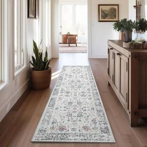 lot 8053 image: Jinchan Vintage Floral Runner Rug 2x6 Grey Multi Washable Non Slip