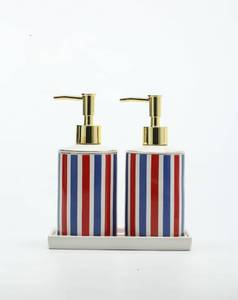 lot 9952 image: Patriotic Red, White & Blue Ceramic Soap Dispenser Set with Gold Pump �� 3-Piece Bathroom & Kitchen Accessories with Tray, Refillable Lotion & Dish Soap Pump Bottles for Fourth of July & Nautical D�cor