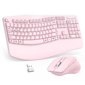 lot 9967 image: Wireless Keyboard and Mouse Combo, 2.4G Ergonomic Wave Keys(Light Pink)