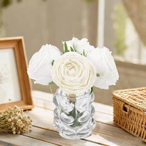lot 9973 image: IPOPU Artificial Flowers with Vase,Real Touch White Roses in Vase Realistic Fake Rose Bouquet for Wedding Home Dining Table Centerpiece Decor(White)