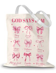 lot 10237 image: God Says I am Pink Bow Canvas Tote Bag Christian Gifts Bible Bags for Women Casual Shoulder Bag Reusable Handbag For Beach Travel Grocery Shopping