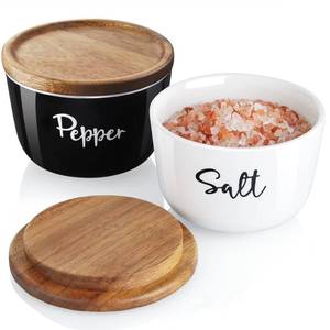 lot 13727 image: DAYYET Salt and Pepper Cellar Set 10 oz Ceramic with Acacia Wood Lid