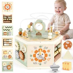 lot 13749 image: Joyreal Wooden Activity Cube 11-in-1 Montessori Toy, Ages 1