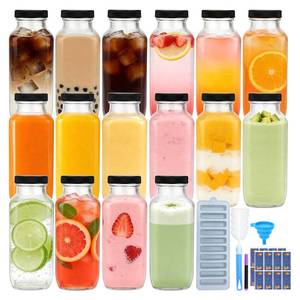 lot 13751 image: Encheng Square Glass Juice Bottles 16 oz with Lids, 16 Pack