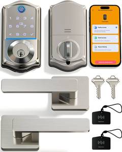 lot 13760 image: Veise Fingerprint Smart Door Lock with Handle Set, Satin Nickel, VE017-B  Retail $119.99