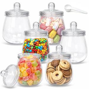 lot 13769 image: 6 Pack 16 Oz Clear Plastic Candy Jars with Lids & Spoons