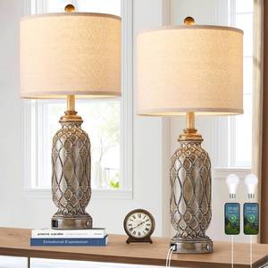 lot 13785 image: SRJJRS Farmhouse Table Lamp Set of 2, 28 Inch, USB AC Ports, 3-Way Dimmable  Retail $109.98