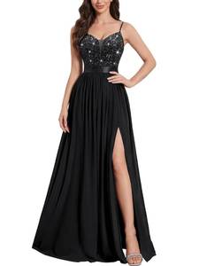 lot 13803 image: Miusol Womens A-Line V-Neck Sequin High Slit Chiffon Long Gown XL
