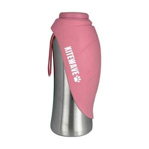 lot 14012 image: Kitewave Dog Water Bottle 27 oz Stainless Steel with Flip-Up Leaf Bowl Pink
