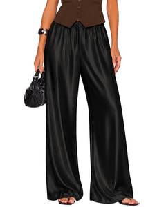 lot 14024 image: Facogoo Womens Satin Wide Leg Dress Pants High Rise Black XL