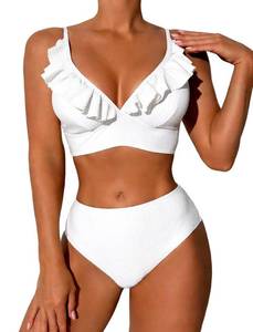 lot 14032 image: ZAFUL Womens Ruffle Bikini Set High Waisted Striped Two Piece Swimsuit White L