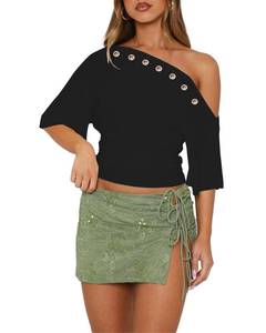 lot 14033 image: QZOOK Womens One Shoulder Crop Top Metal Ring Eyelet Short Sleeve Black XS