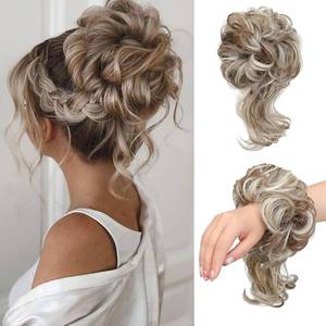 lot 14414 image: FeidyLong Messy Bun Hair Piece Curly Wavy Ponytail Extension Synthetic Fiber