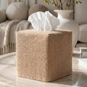 lot 14435 image: KIBAGA Burlap Tissue Box Cover for Square Tissue Boxes, 4.6 x 4.6 x 5.1 In