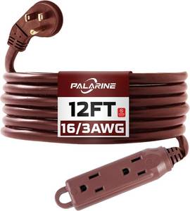 lot 14485 image: Palarine 12 Ft Brown Flat Plug Extension Cord 3 Outlet 16 Gauge