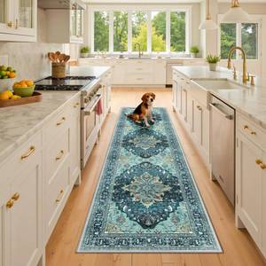 lot 17675 image: RELEANY Washable Area Rug Runner 2x8 TealGreen Sunflower Series 02