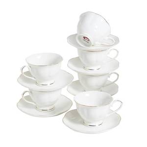 lot 17681 image: PRECITIME 6oz Porcelain Tea Cup & Saucer Set of 6, White with Gold